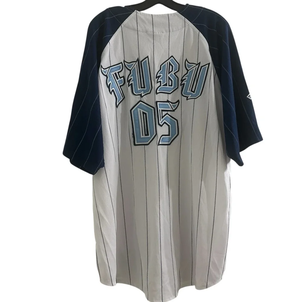FUBU‎ Baseball Jersey XL White Pinstripe Y2K Button Front Hip Hop 2000s
